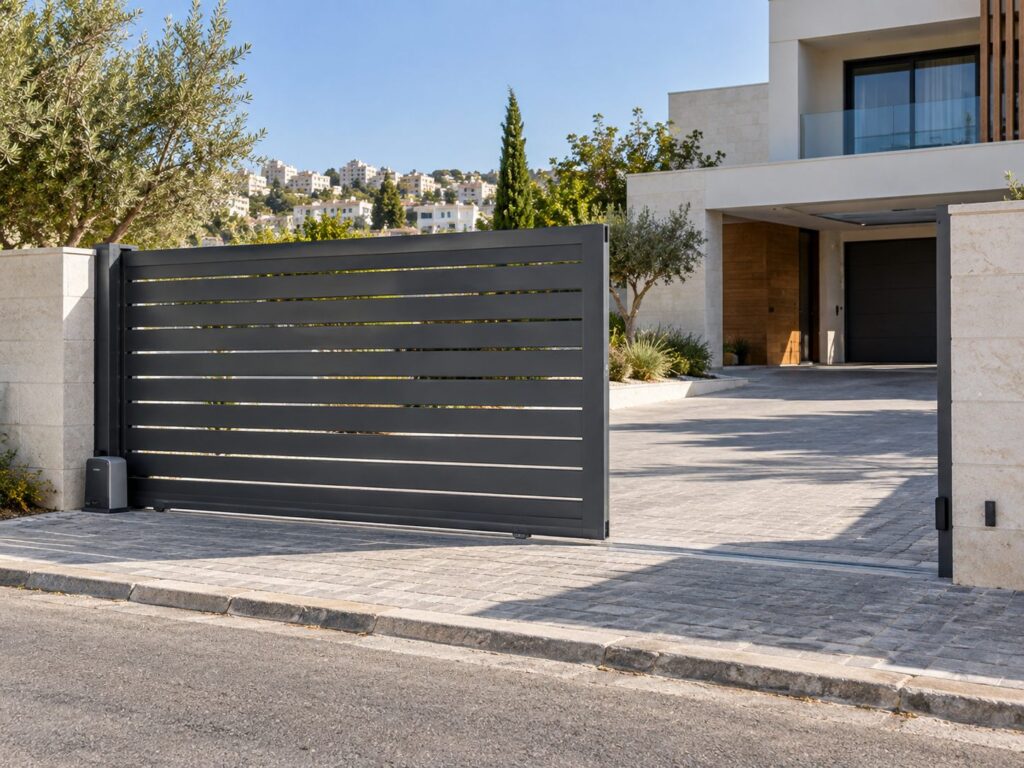 שער הזזה חשמלי מודרני בכניסה לבית