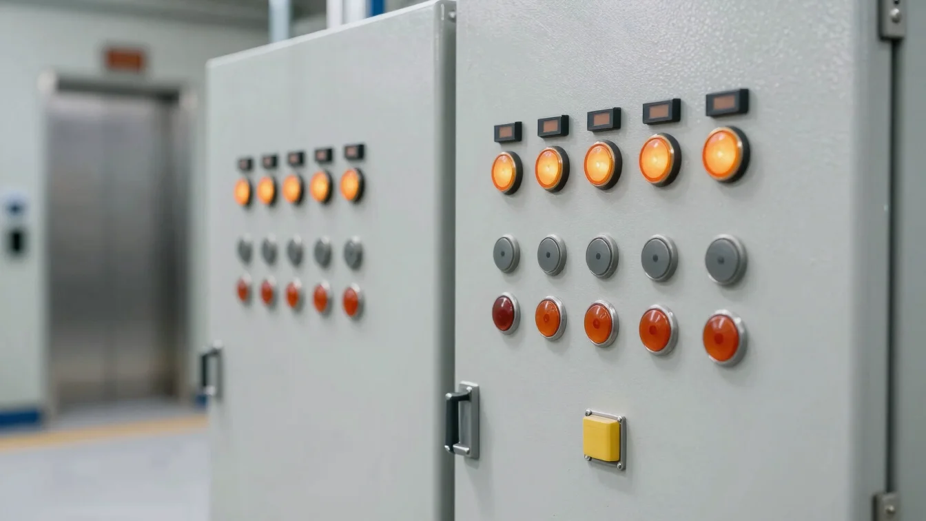 Close-up of a modern industrial automation control panel, metalli