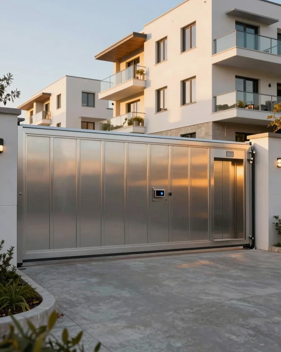 Industrial grade electric gate, custom made, installed in a moder