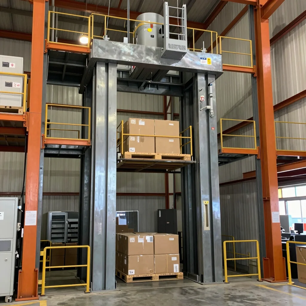 Cargo elevator inside a logistics warehouse in Israel, large plat