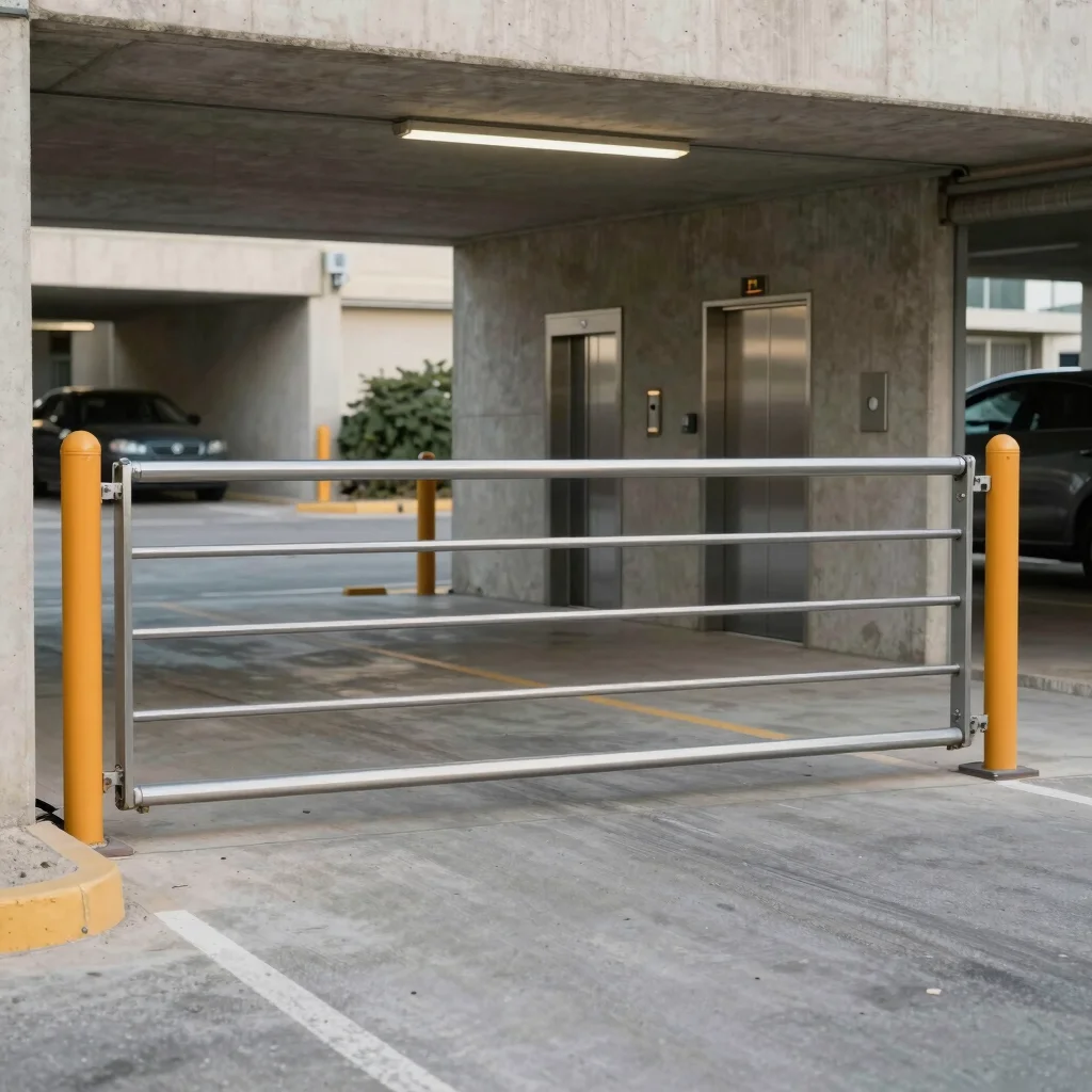 Cantilever gate in an Israeli parking lot, sleek and functional,