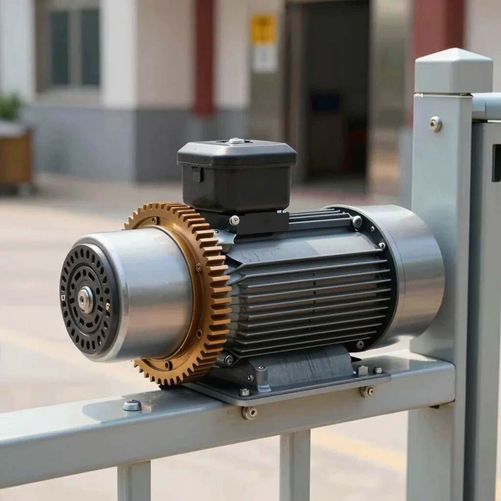 Close-up of a custom-made electric gate mechanism, gears and moto